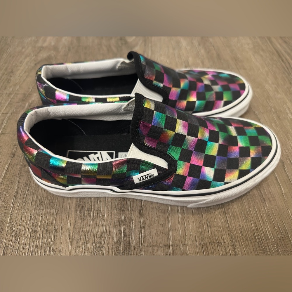 Size 5.5/Women’s 7 Vans- Iridescent checkerboard slip on sneaker.